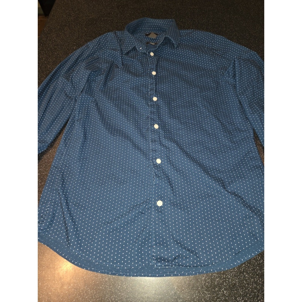 H&M Men's M Slim Fit Navy Blue Polka Dot Button Down Long Sleeve Dress Shirt